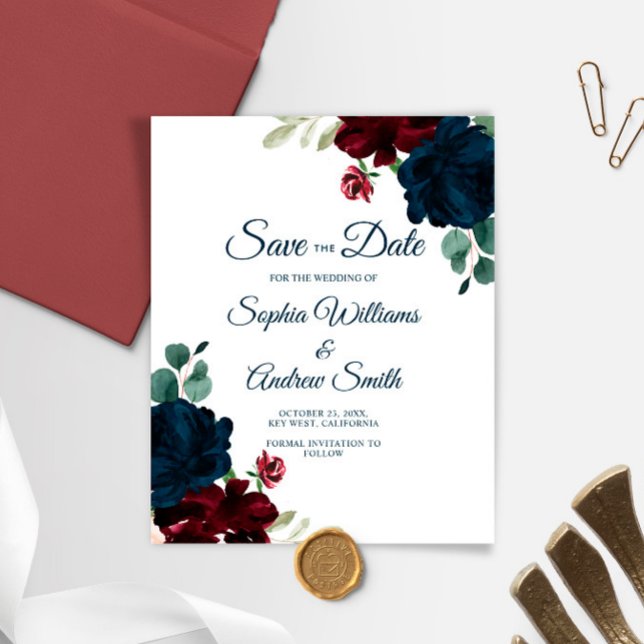 BUDGET Elegant Marsala & Navy Floral Save The Date (Creator Uploaded)