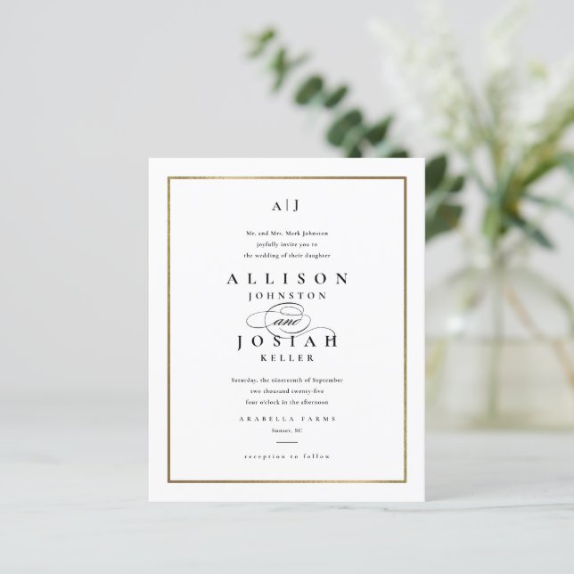 Budget Elegant Monogram Gold Wedding Invitation (Standing Front)