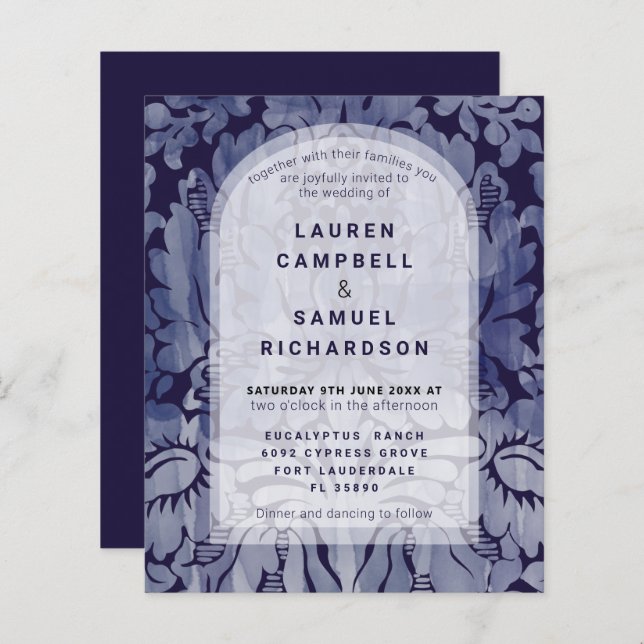 Budget Elegant Navy Blue Damask Wedding Invitation (Front/Back)