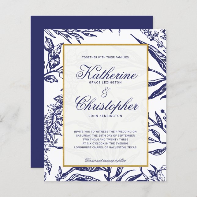 BUDGET Elegant Navy Blue Gold Botanical Wedding (Front/Back)