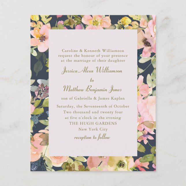 Budget Elegant Navy Floral Formal Wedding Invite (Front)