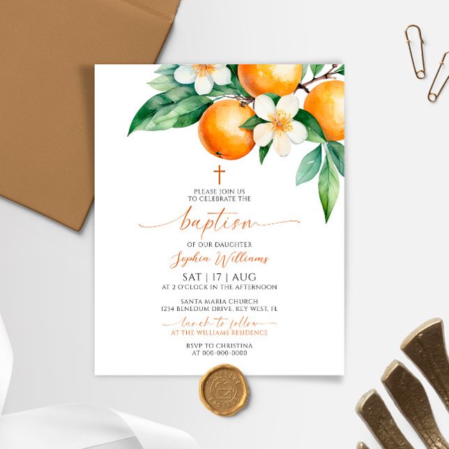 Budget Elegant Orange Floral Baptism Invitation (Creator Uploaded)