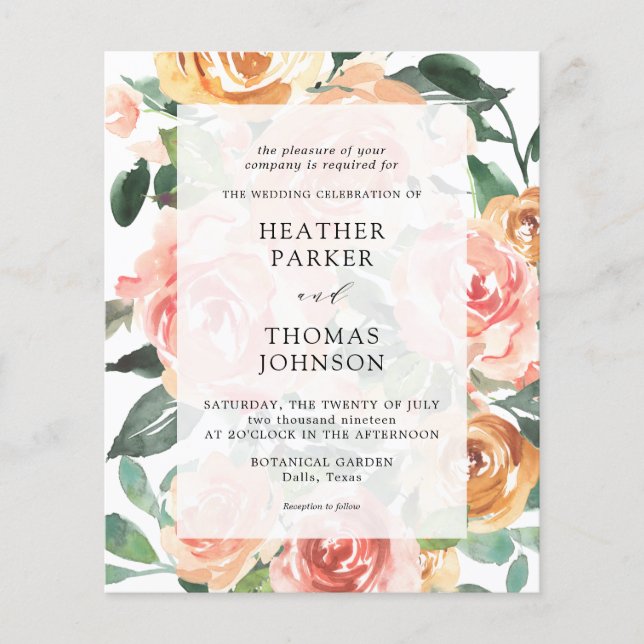Budget Elegant Peach Watercolor Flowers Wedding (Front)