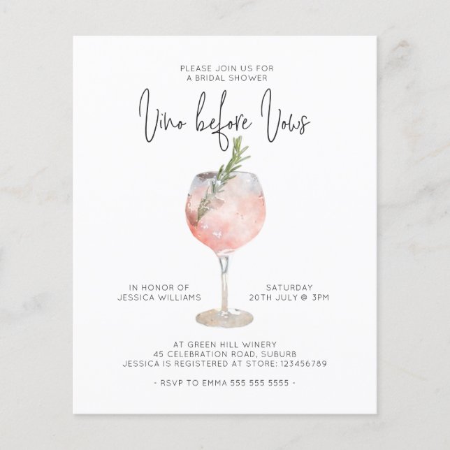 Budget Elegant Pink Vino Before Vows Bridal Shower Flyer (Front)