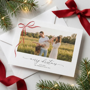 Budget Elegant Red Bow Christmas Family Photo Holiday Card