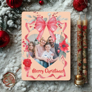 Budget Elegant Red Bow Christmas Four Photo Holiday Card
