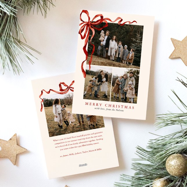 Budget Elegant Red Bow Christmas Four Photo Holiday Card (Creator Uploaded)