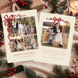 Budget Elegant Red Bow Christmas Four Photo Invitation