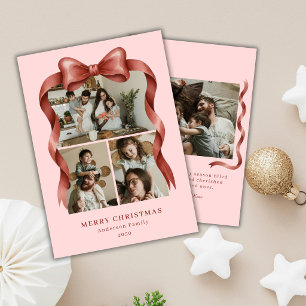 Budget Elegant Red Bow Christmas Four Photos Pink Holiday Card