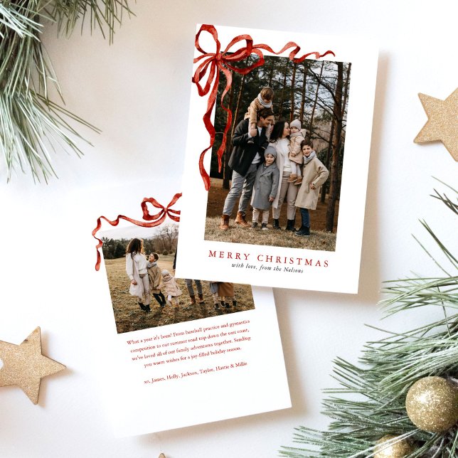 Budget Elegant Red Bow Christmas Two Photo Holiday Card (Creator Uploaded)