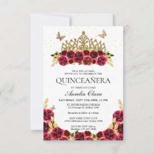 BUDGET Elegant Red Floral Gold Tiara Quinceanera Card
