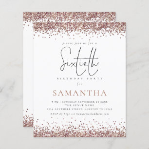 Budget Elegant Rose Gold Glitter 60th Party Invite