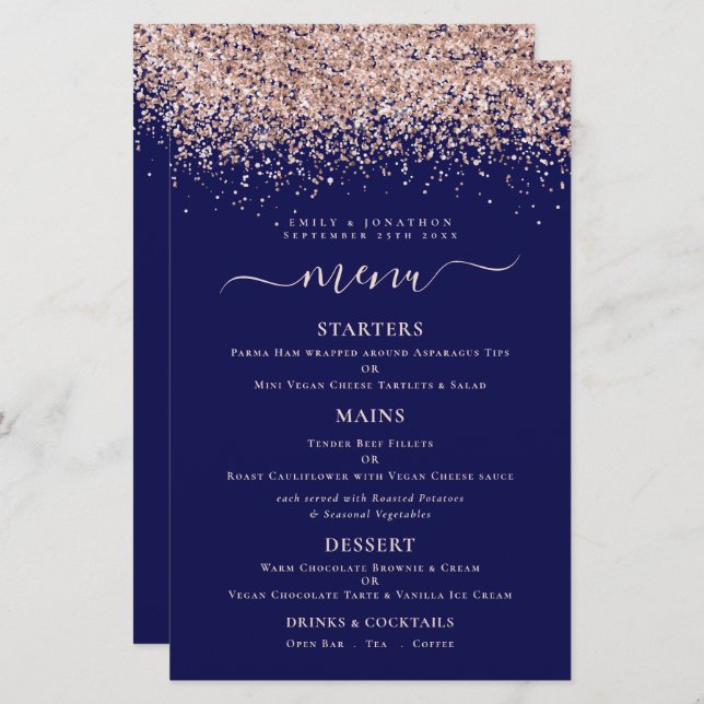 Budget Elegant Rose Gold Glitter Navy Wedding Menu (Front/Back)