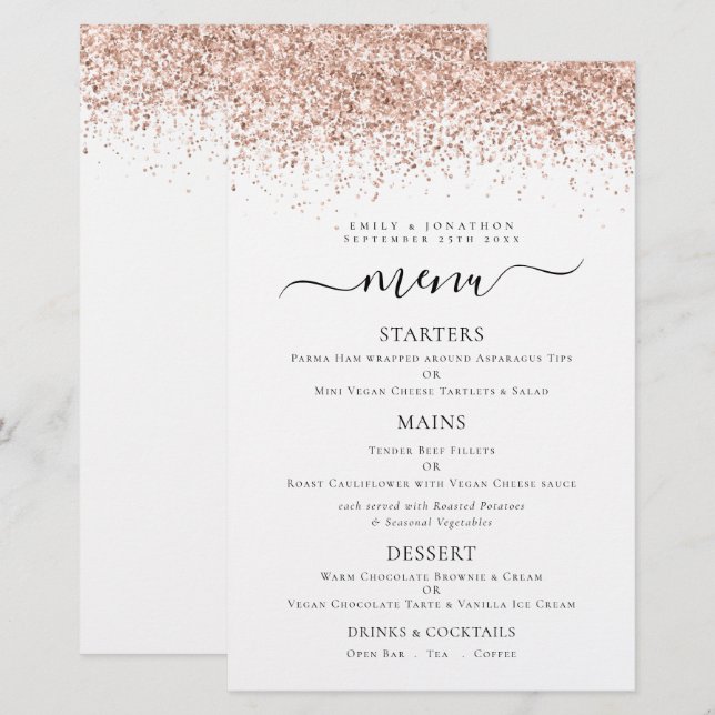Budget Elegant Rose Gold Glitter Wedding Menu (Front/Back)