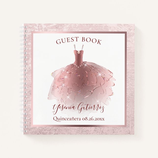 Budget Elegant Rose Gold Quinceañera Dress Guest Notebook (Front)