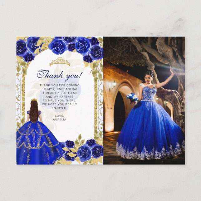 Budget Elegant Royal Blue Floral Photo Quinceañera Postcard (Front)