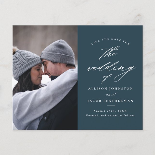 Budget Elegant Script 2 Photo Save The Date Flyer (Front)