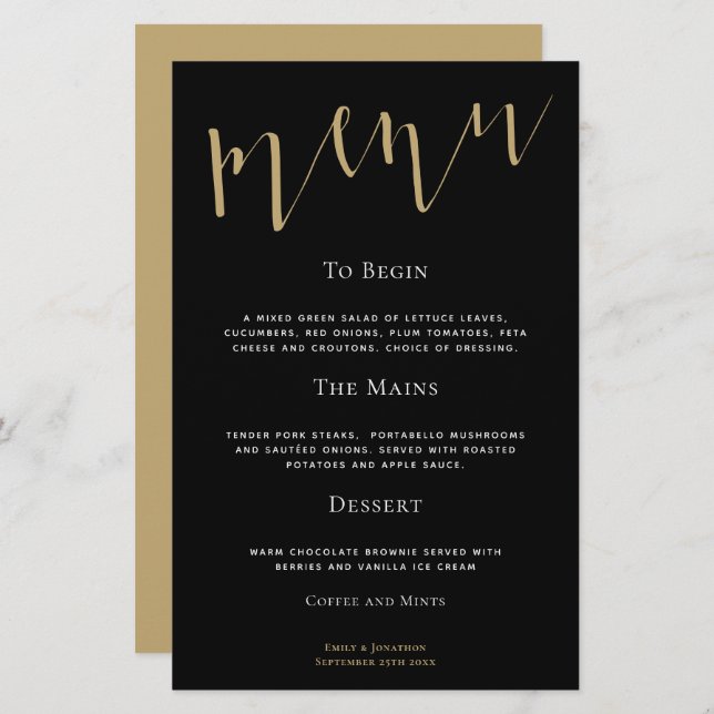 Budget Elegant Script Black Gold Wedding Menu (Front/Back)