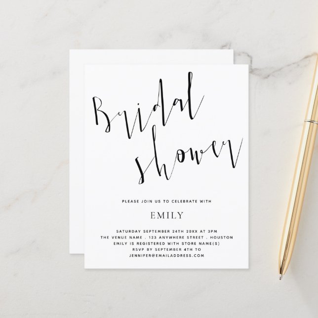 Budget Elegant Script Bridal Shower Invitation (Front/Back In Situ)