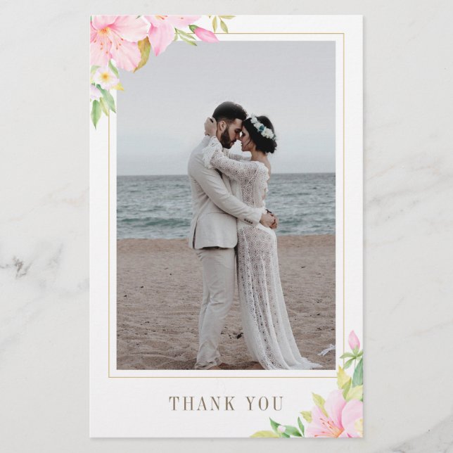 Budget Elegant Script Floral Photo Thank You Card (Front)