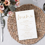 Budget Elegant Script Gold White Wedding Menu<br><div class="desc">Budget Elegant Script Black White Wedding Menu. A budget price size 5.5” x 8.5”, . An elegant typographical design in gold and white, with a stylish set script for the header Menu. Easily personalise the rest of the text to your own details which includes alternatives for your vegan or vegetarian...</div>