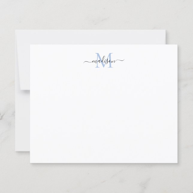 Budget Elegant Script Monogram Dusty Blue Notecard (Front)