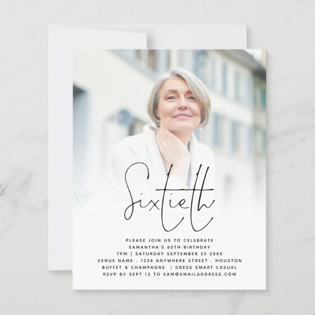 Budget Elegant Script Photo 60th Birthday Invite (Front)