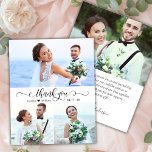 Budget Elegant Script Photo Wedding Thank You Card<br><div class="desc">Budget Modern Elegant Script 3 Photo Collage Wedding Thank You affordable low budget thin card. Stylish wedding thank you template featuring 3 photo on the front with "Thank You" text in a hand lettered calligraphy or typography swash tail font script in black and white. Little love heart motif between the...</div>