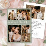 Budget Elegant Script Sage Photo Wedding Thank You Flyer<br><div class="desc">Budget Elegant Olive Green Wedding 5 Photo Collage Thank You personalised affordable low budget flyer. Modern wedding thank you template featuring five (5) photo on the front and one (1) photo on the back. On the front of paper "Love and thanks" typography script in a swirly hand lettered font type...</div>
