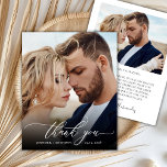 Budget Elegant Script Wedding Photo Thank You Card<br><div class="desc">Budget Modern Elegant Script 2 Photo Wedding Thank You affordable low budget thin card. Stylish wedding thank you template featuring a full vertical photo on the front with overlay text "Thank You" in a hand lettered calligraphy or typography script font in white on the picture. At the reverse side one...</div>