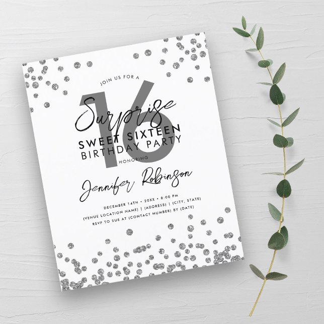 Budget Elegant Silver Confetti Sweet 16 Invite (Budget Elegant Silver Confetti Sweet 16 Invite)