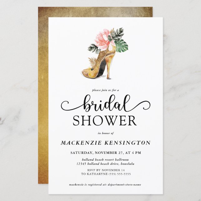Budget Elegant Tropical Gold Heels Bridal Shower (Front/Back)