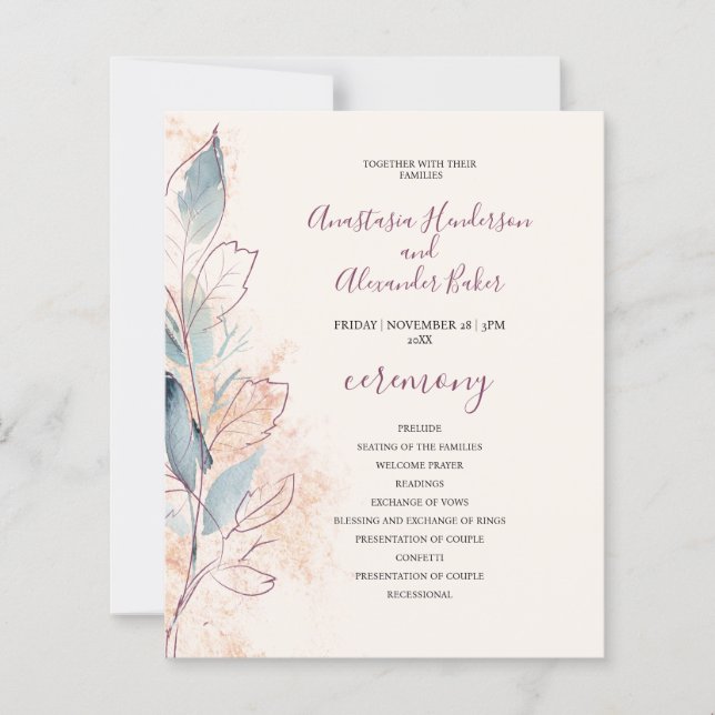 Budget Elegant Wedding Program card. (Front)
