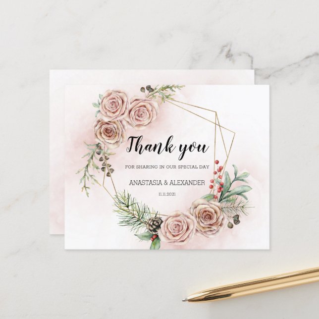 Budget Elegant Wedding Thank You Card. (Front/Back In Situ)