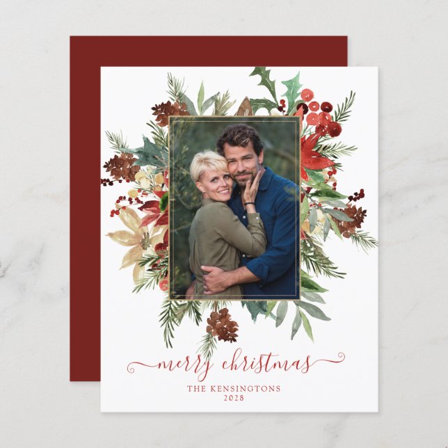 Budget Elegant Winter Floral Gold Christmas Photo (Front/Back)