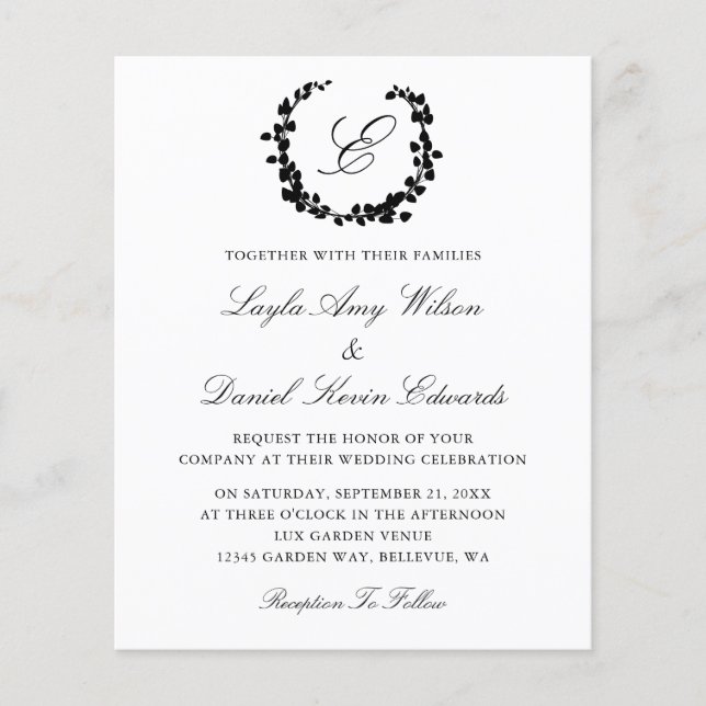 Budget Elegant Wreath Monogram Wedding Invitation Flyer (Front)