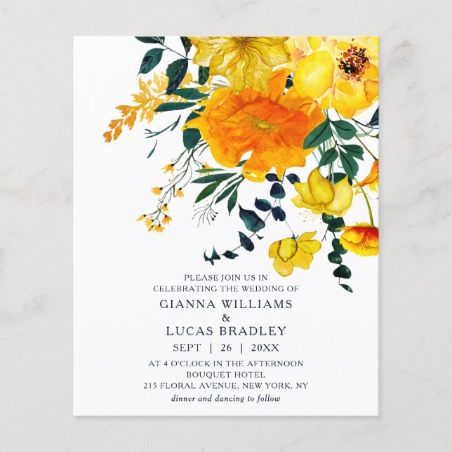 Budget Elegant Yellow Watercolor Floral Wedding Flyer (Front)