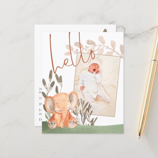 Budget Elephant Baby Photo Birth Announcement (Front/Back In Situ)