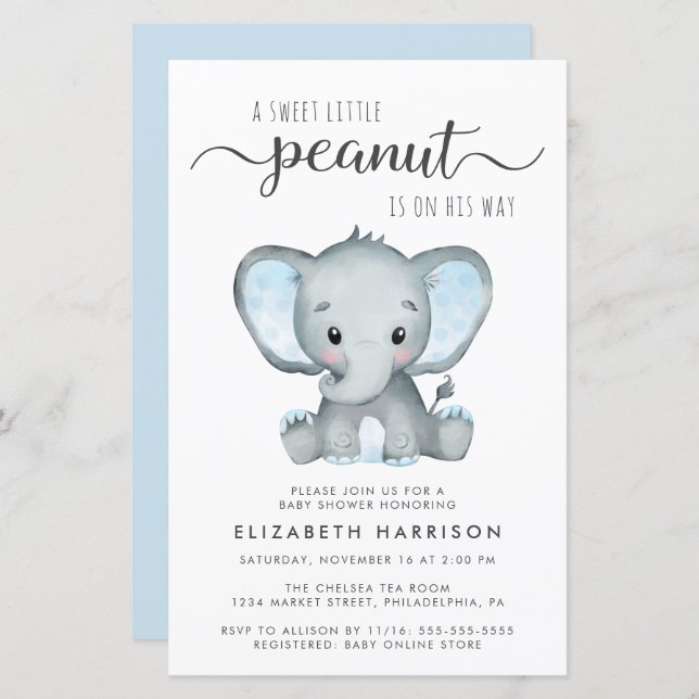 Budget Elephant Blue Baby Shower Invitation (Front/Back)