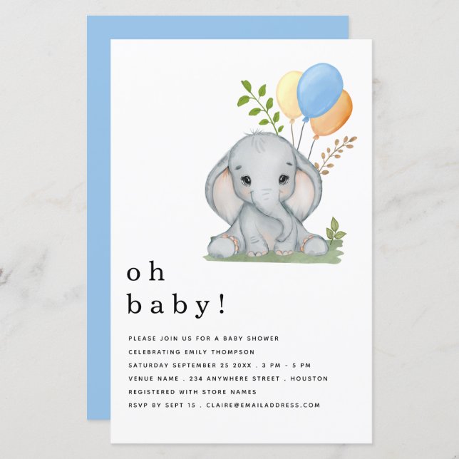 Budget Elephant Blue Boy Baby Shower Invitation (Front/Back)