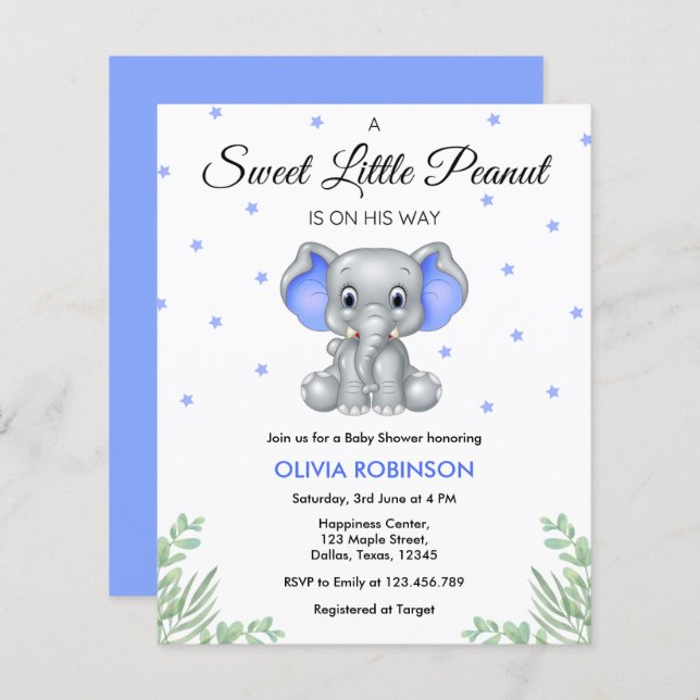 Budget Elephant Blue Boy Baby Shower Invitation  (Front/Back)