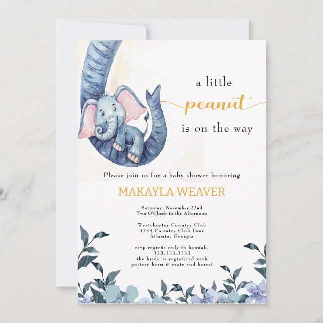 Budget Elephant Blue peanut Baby Shower Invitation (Front)