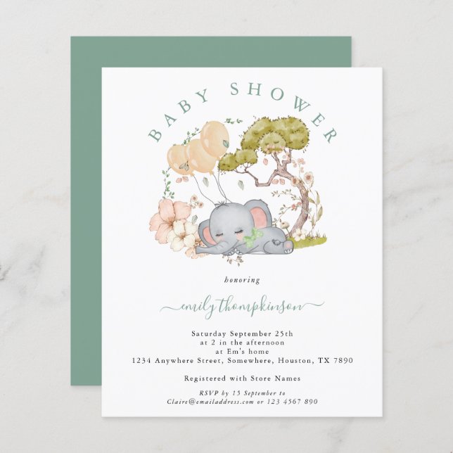 Budget Elephant Boy Sage Baby Shower Invitation (Front/Back)