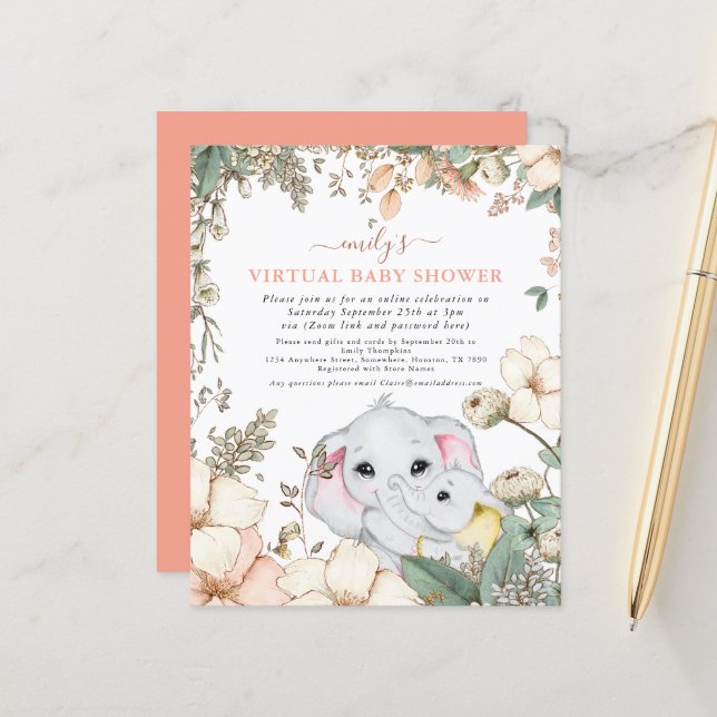 Budget Elephant Coral Virtual Baby Shower Invite (Front/Back In Situ)