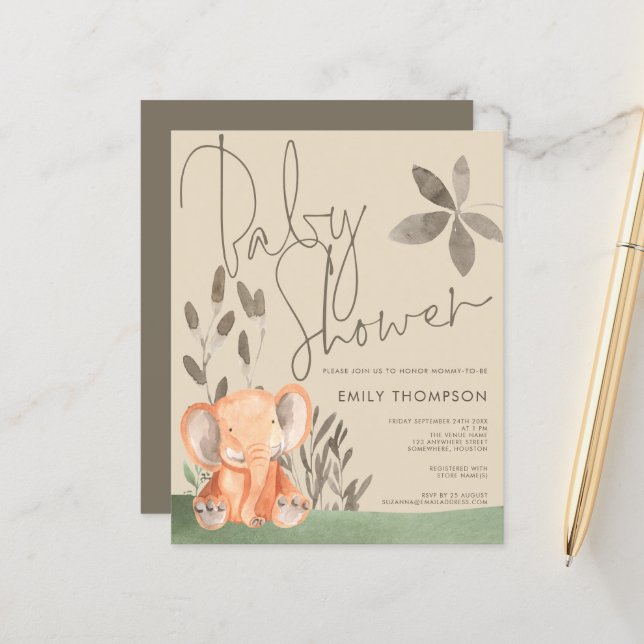 Budget Elephant Cream Baby Shower Invitation (Front/Back In Situ)