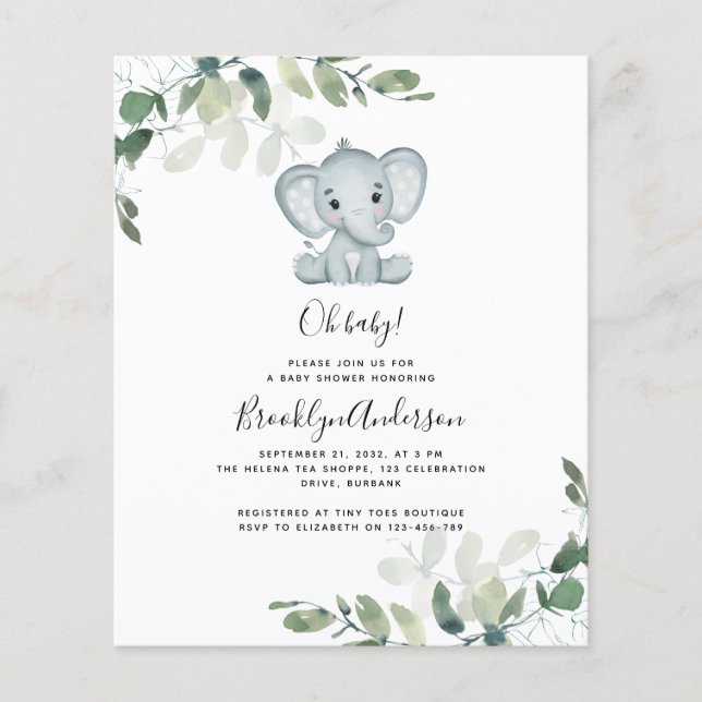 BUDGET Elephant Eucalyptus Baby Shower Invitation (Front)