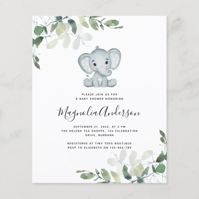 BUDGET Elephant Eucalyptus Baby Shower Invitation (Front)