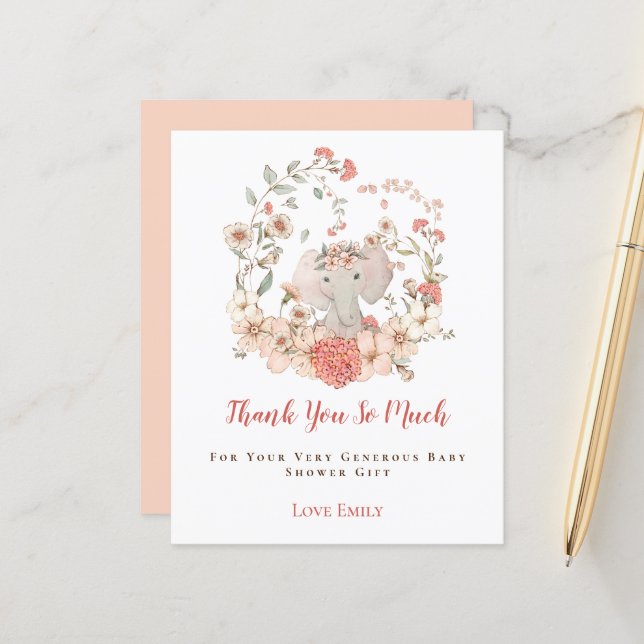 Budget Elephant Floral Peach Baby Shower Thank You (Front/Back In Situ)
