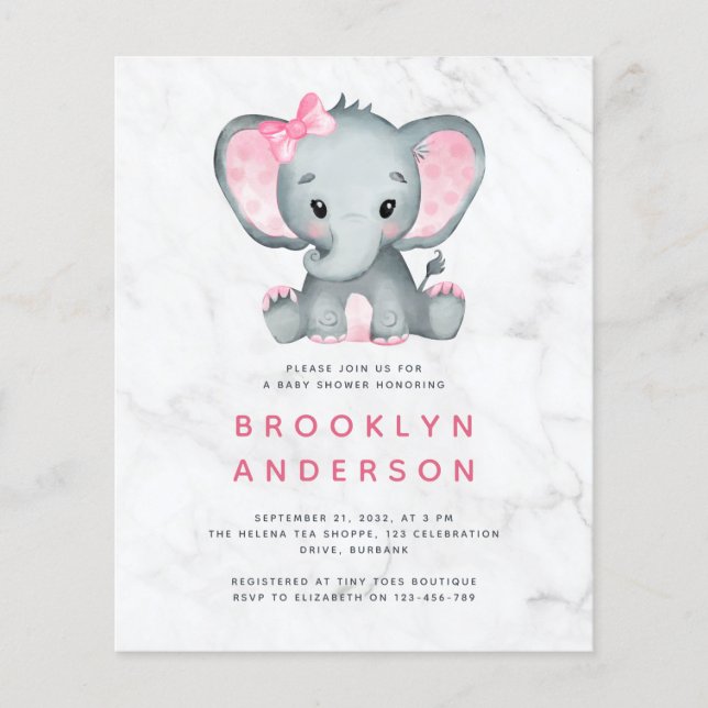 BUDGET Elephant Girl Baby Shower Invitation (Front)