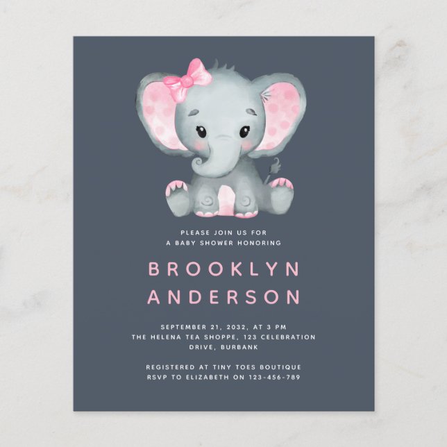 BUDGET Elephant Girl Baby Shower Invitation (Front)